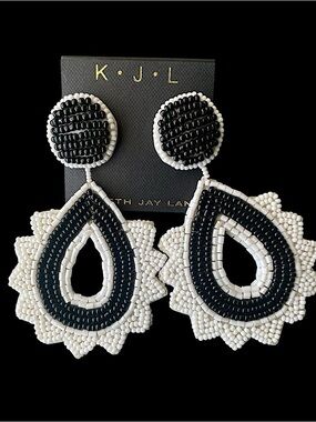 Kenneth Jay Lane Black and White Beaded Teardrop Dangle Earrings
